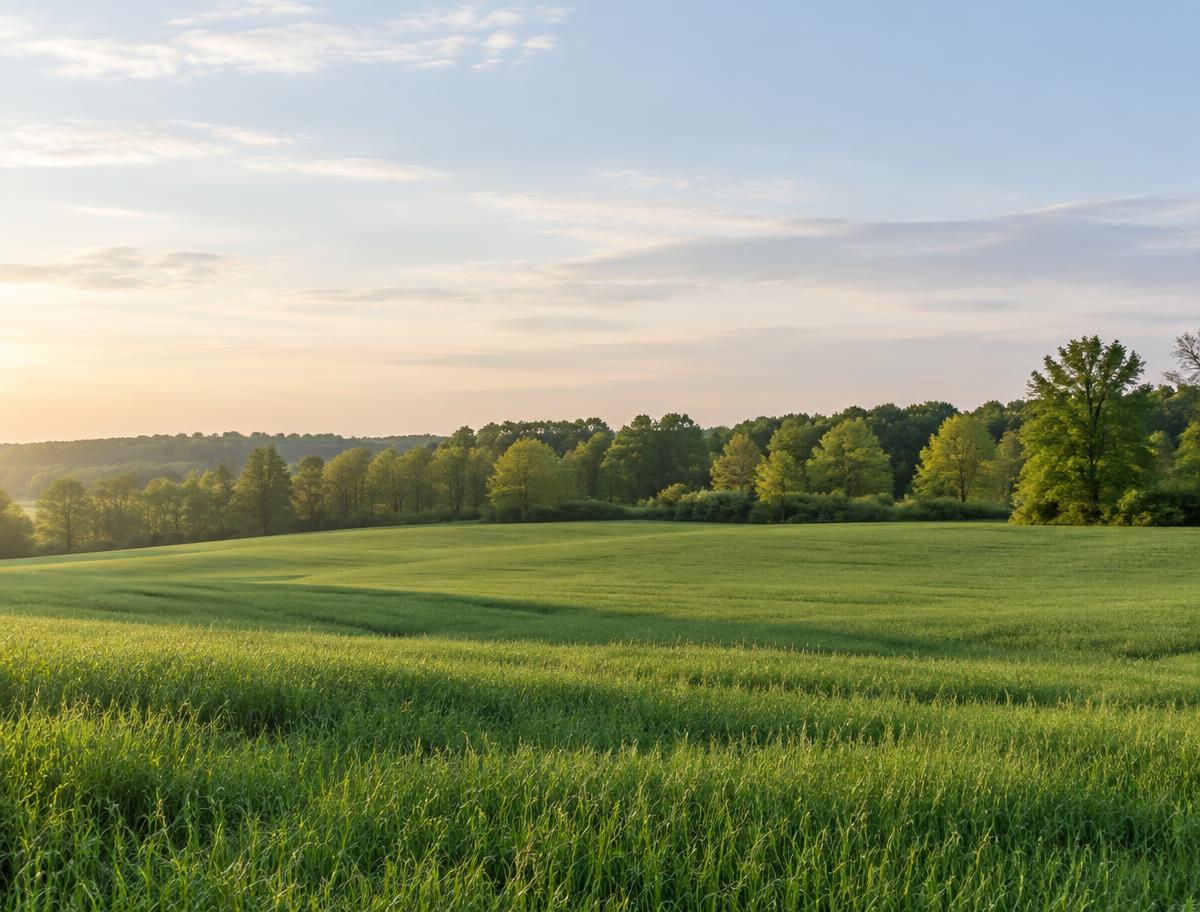 Symbolbild: weite grüne Felder mit Baumreihe in ländlicher Landschaft